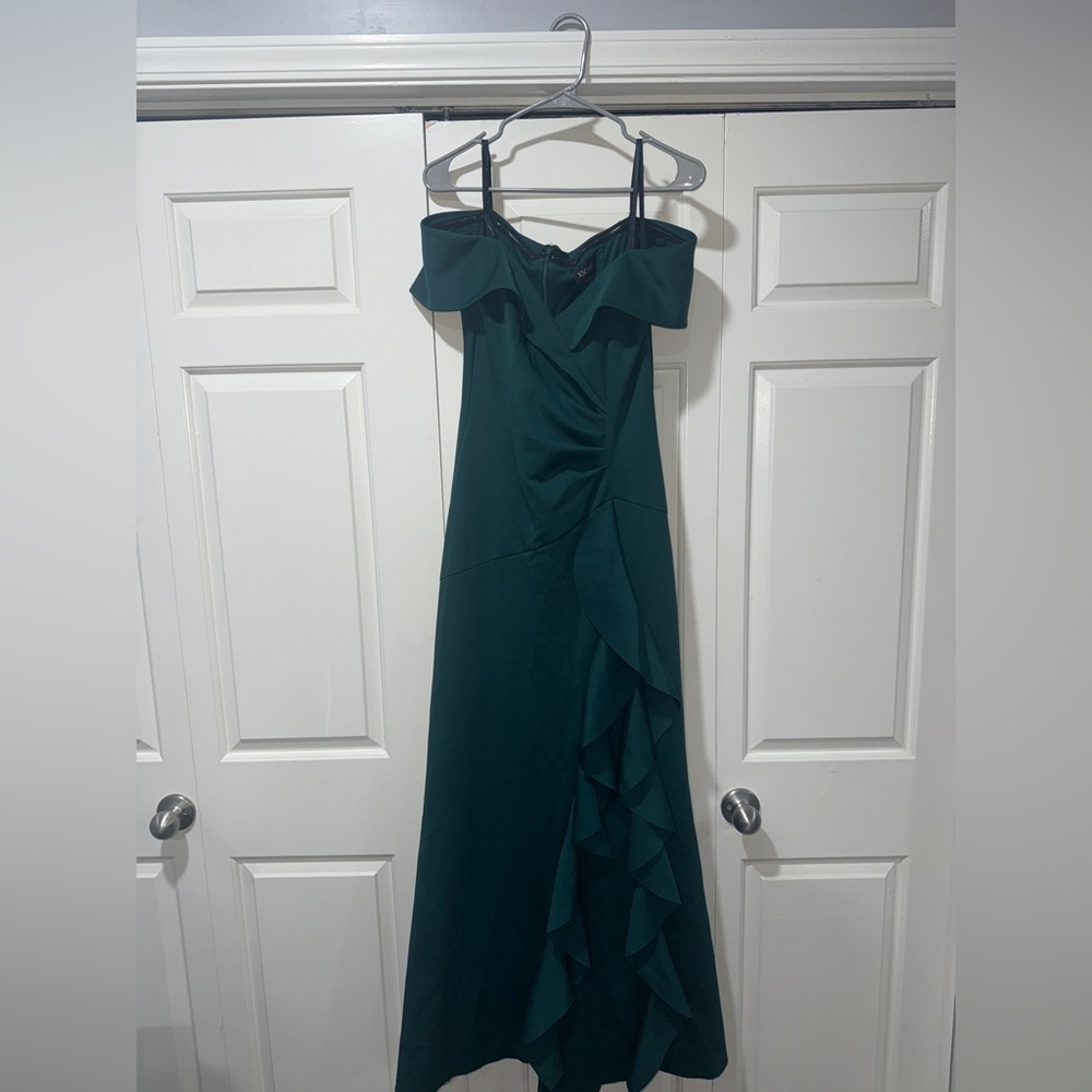 Xscape Strapless Dark Green Dress with Ruffle Detail
